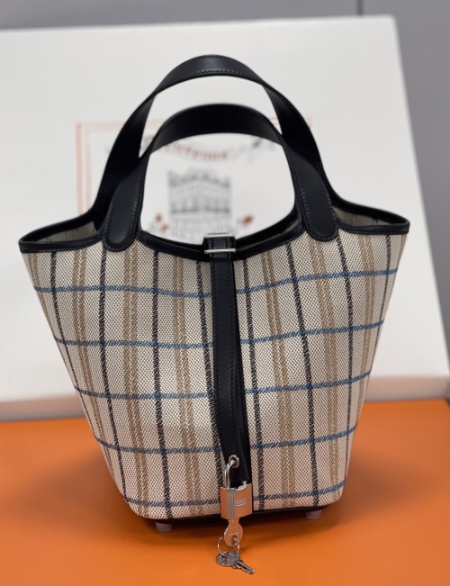 Picotin 18cm Black & Grid Swift Leather Tote Bag with Silver Hardware 1 Picotin 18cm Black & Grid Swift Leather Tote Bag with Silver Hardware
