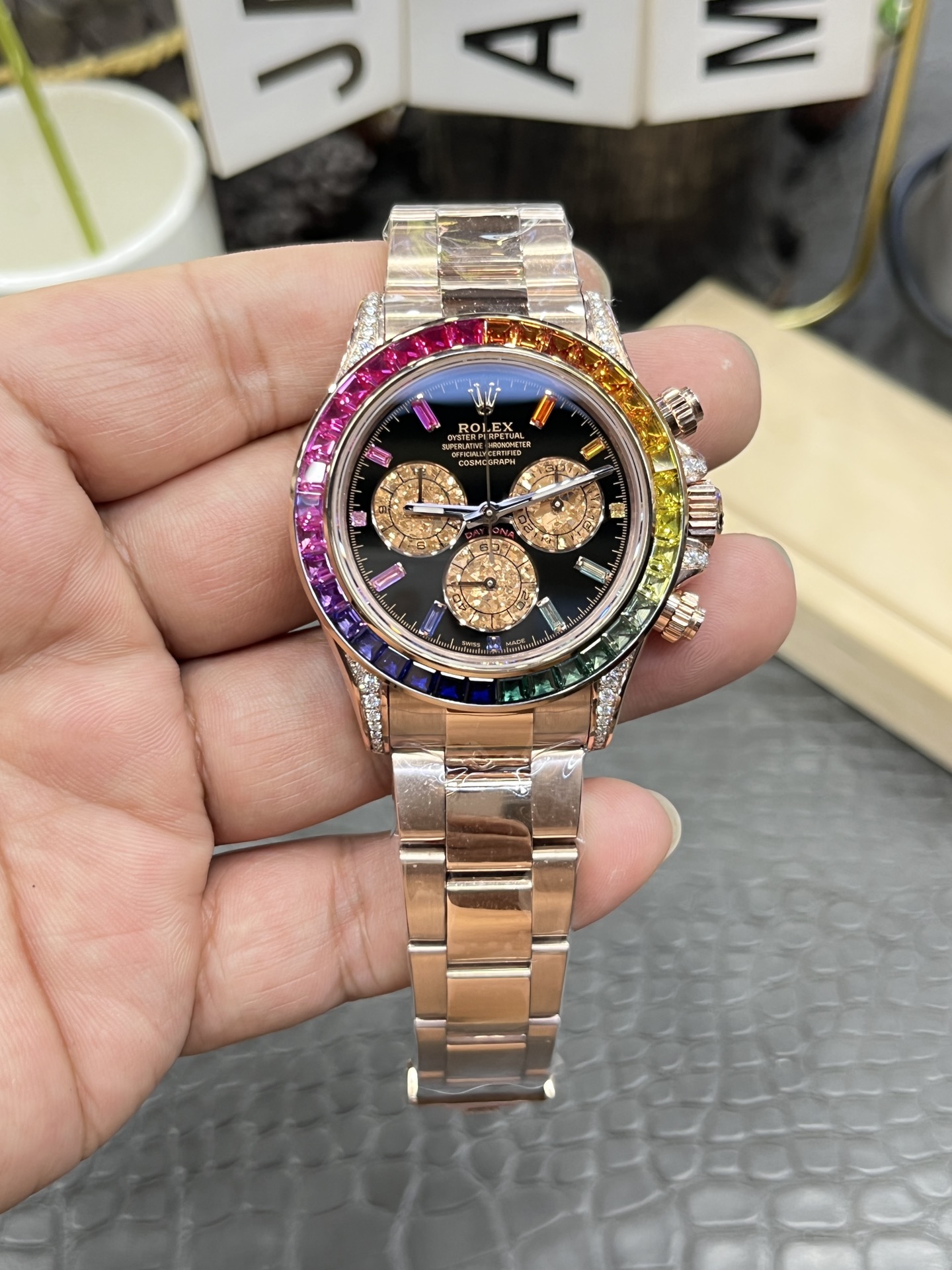 NO:158259,CBD Rolex Private Customized Ditona Series/40mm Rainbow Disha Golden Eye/Dandong Fully Automatic Time Code Mechanical Movement/Super Weight 209g, Rolex19860909CBD劳力士私人定制迪通拿系列/40mm彩虹迪沙金眼/丹东全自动计时码机械机芯/超级配重209克,,rolex,Watch