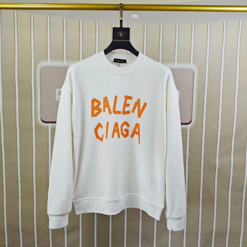 Balenciaga Men's White Cotton Sweatshirt with Orange Logo Print 1 Balenciaga Men's White Cotton Sweatshirt with Orange Logo Print