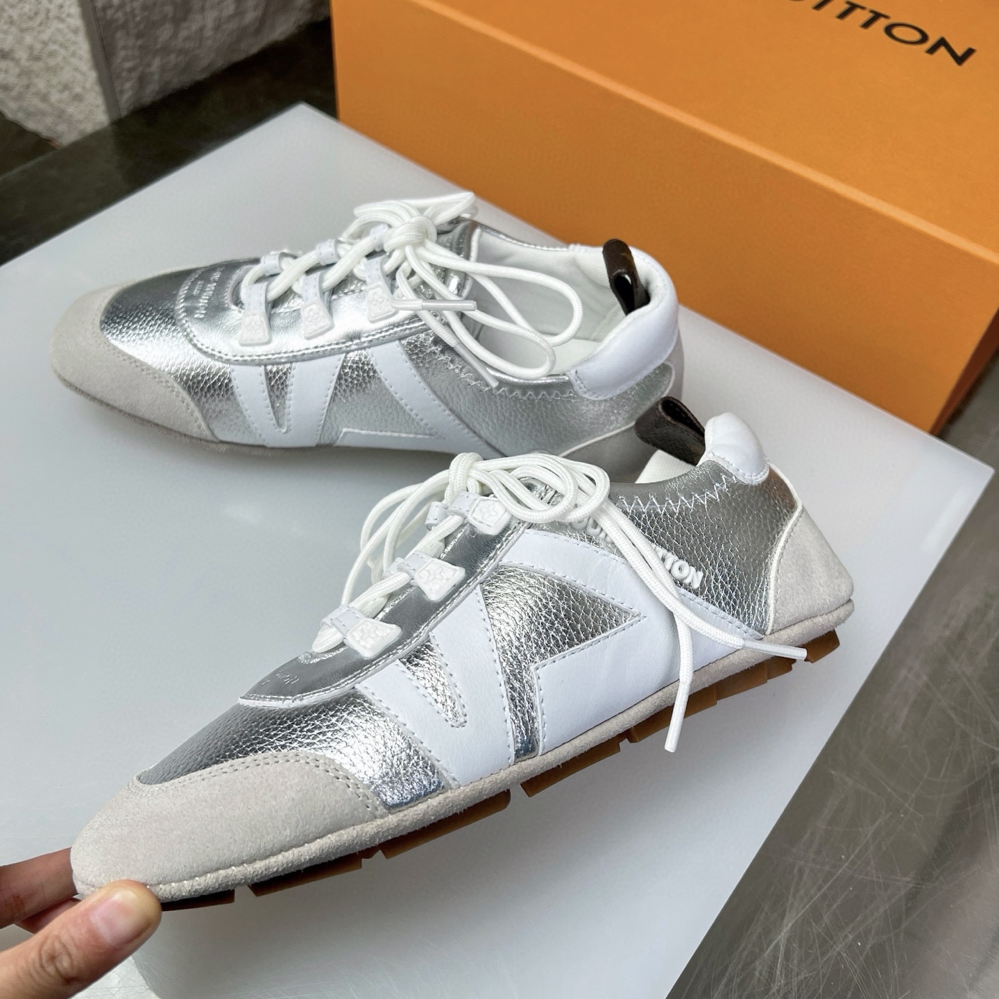 Louis Vuitton Sneakerina Silver Leather Low-Top Sneakers, Women's Size 35-41 5 i1747341471387 2401 0 3