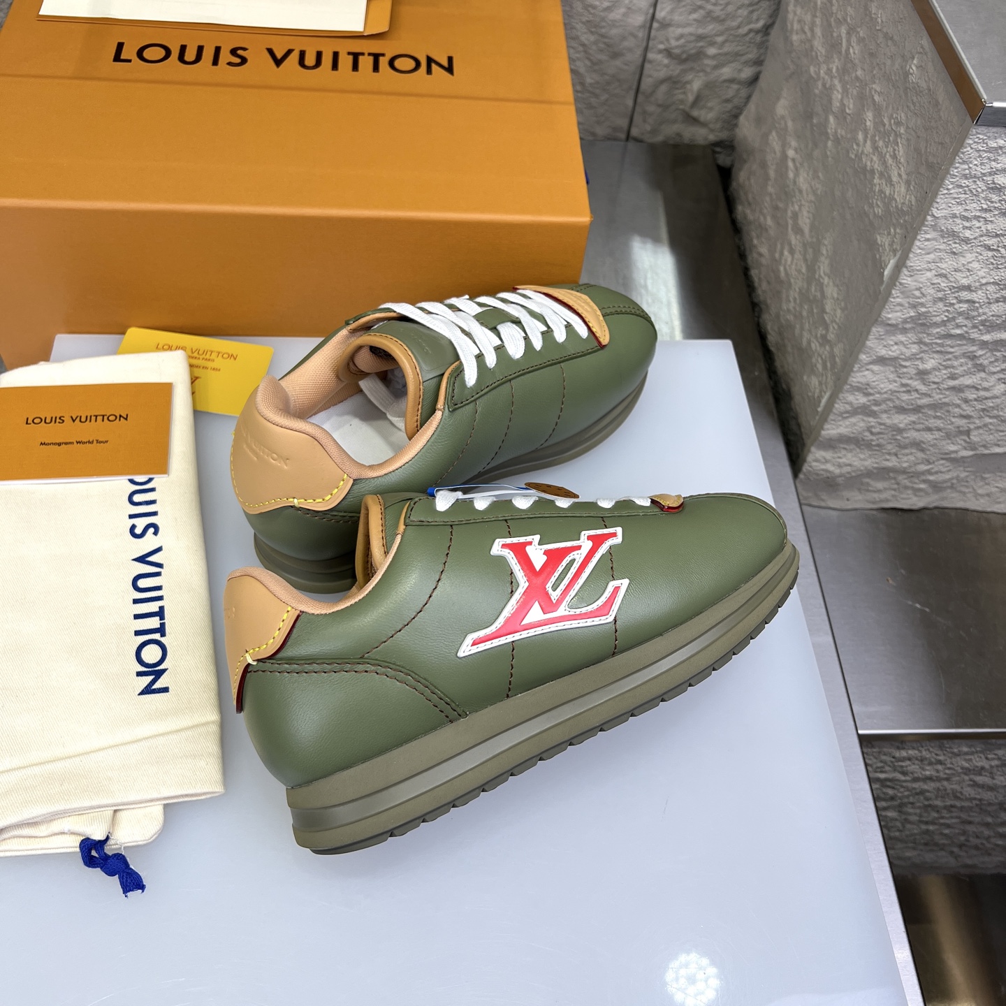 Louis Vuitton x Nigo Collab: Olive Green Leather Low-Top Sneakers 4 i1754947358082 2014 0 3