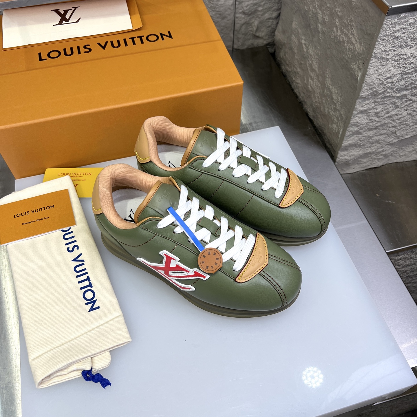 Louis Vuitton x Nigo Collab: Olive Green Leather Low-Top Sneakers 3 i1754947358102 7671 0 5