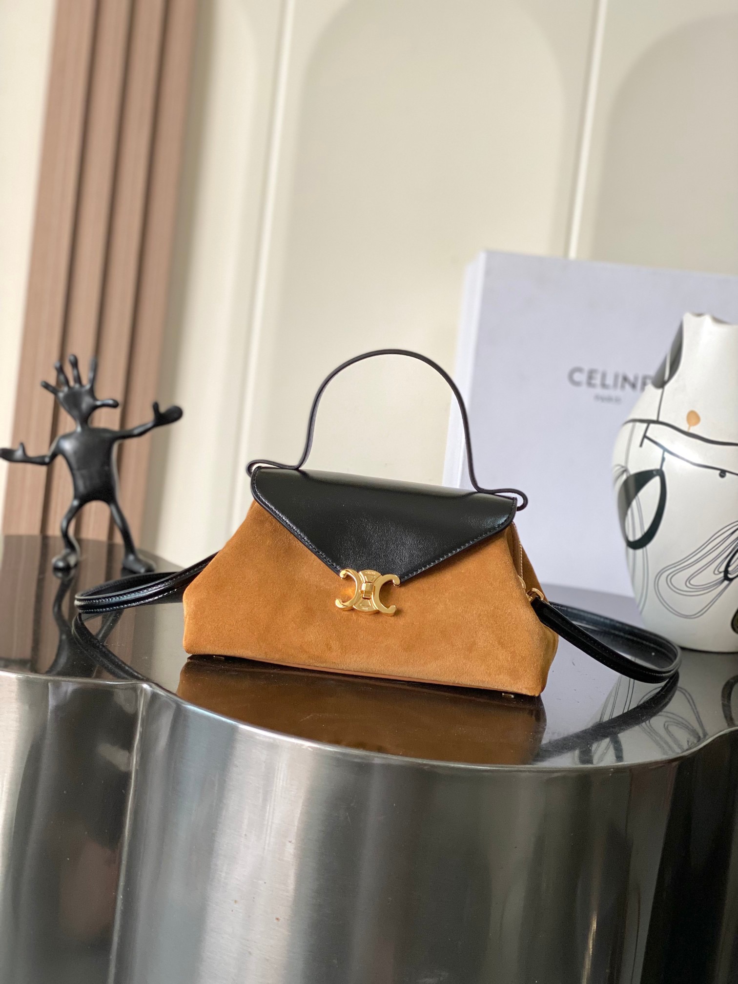 Celine Tan Contrast Flap Handbag