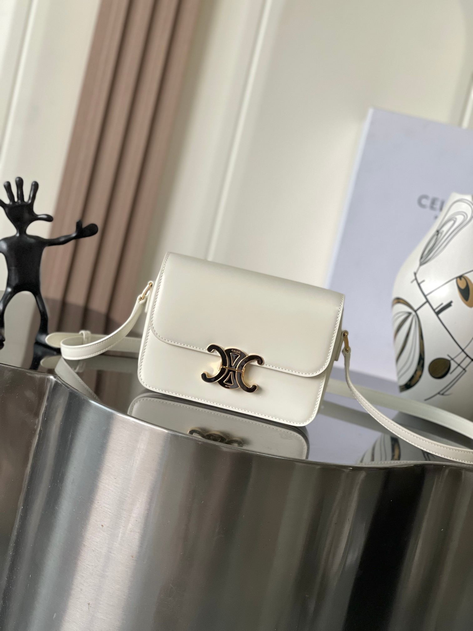 Celine White Logo Flap Shoulder Bag
