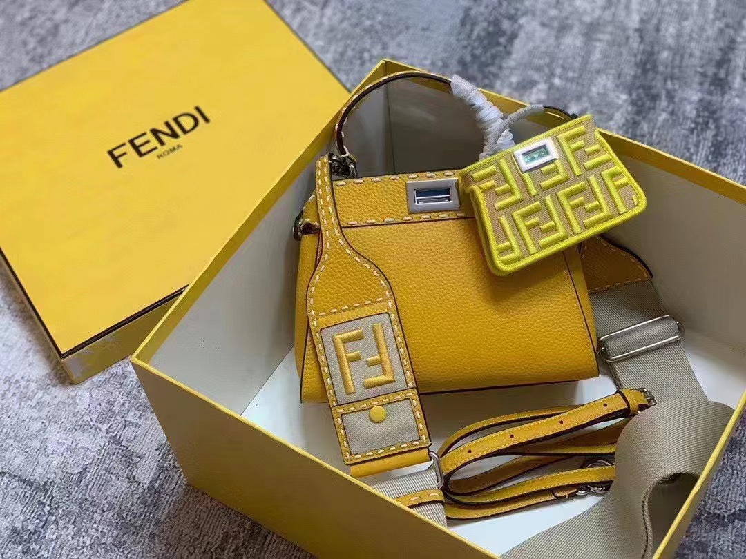 نسخة طبق الأمواج
 فيندي Fendi Peekaboo حقيبة حقيبة يد الكاكي خياطة جلد البقر