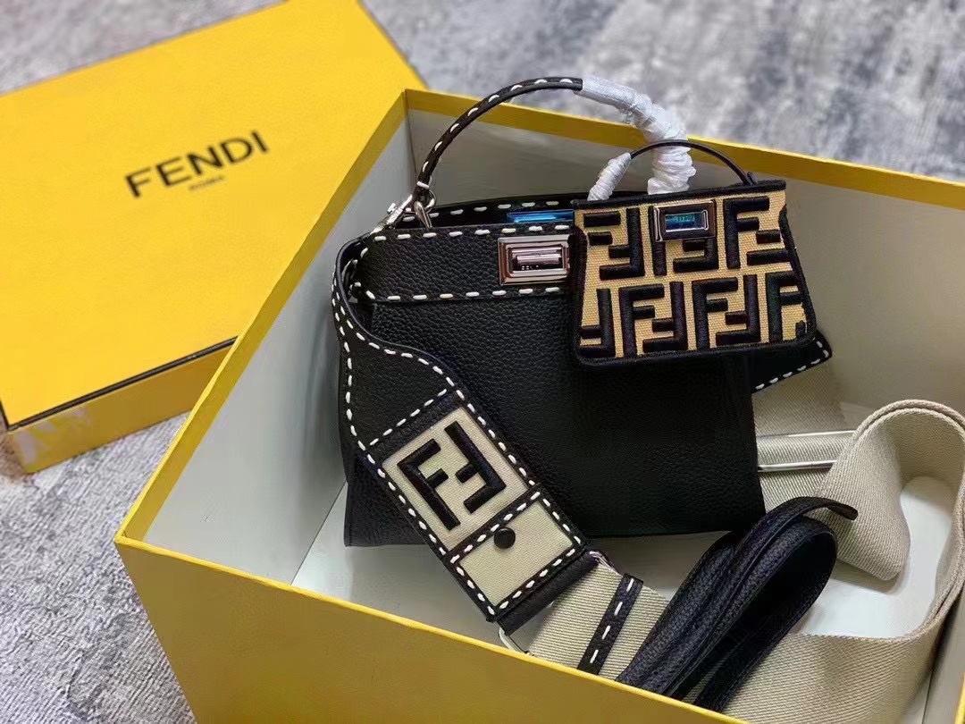 فيندي Fendi Peekaboo حقيبة حقيبة يد الكاكي خياطة جلد البقر