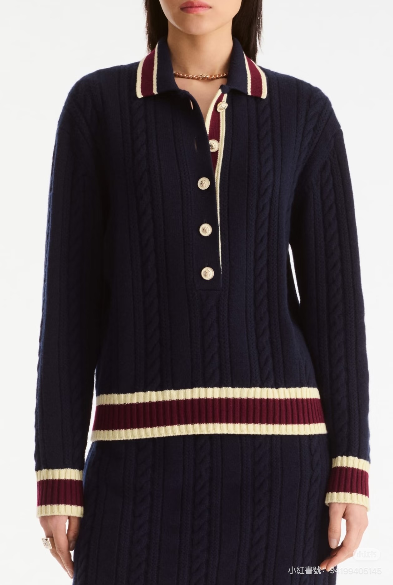Elegant Knit Polo Sweater with Gold Buttons & Twisted Cable Knit Texture