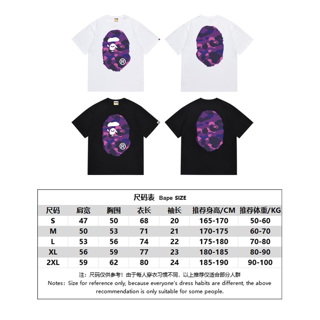 BAPE Two-Face Headprint T-Shirt – High-Quality Cotton, Unisex, Various Colors - 图片 7