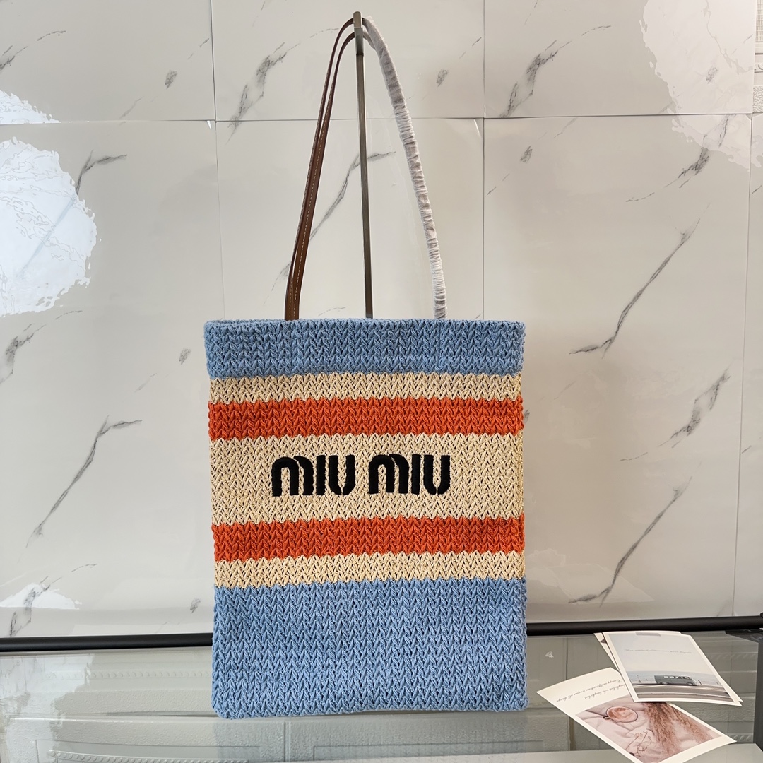 MiuMiu Tote Bags Embroidery Cotton Raffia Straw Woven Weave Vintage