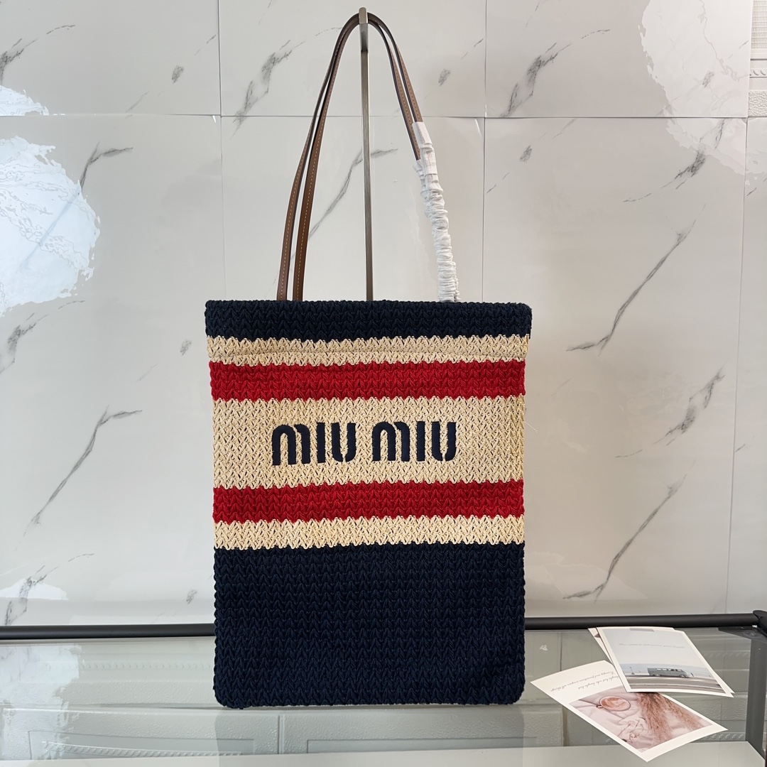 MiuMiu High
 Tote Bags Embroidery Cotton Raffia Straw Woven Weave Vintage