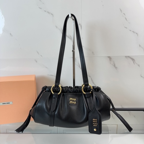 Miu Miu Black Archive Leather Hobo Bag with Drawstring and Gold Hardware 1 Miu Miu Black Archive Leather Hobo Bag with Drawstring and Gold Hardware