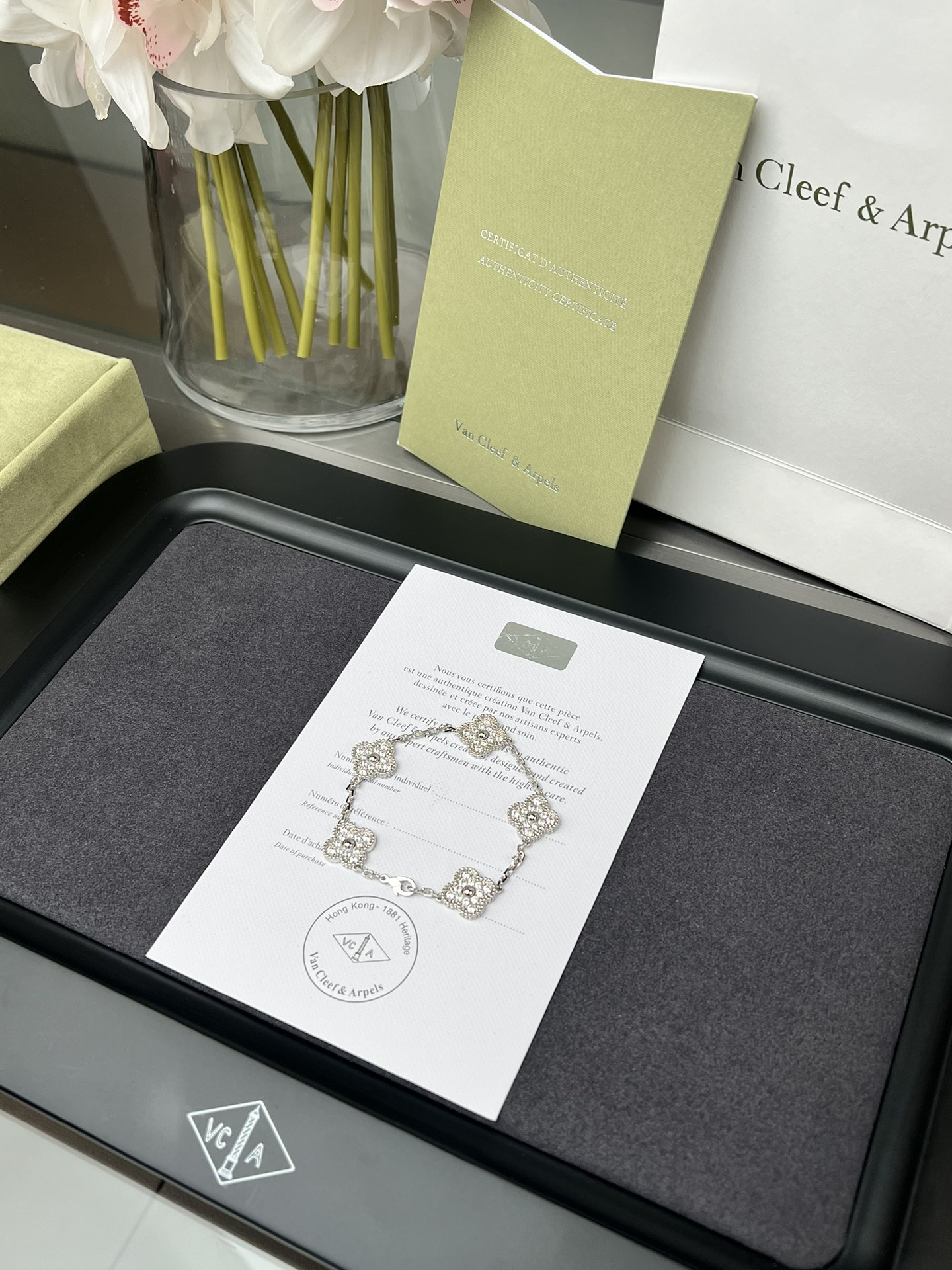 Van Cleef Arpels Alhambra bracelet 18K white gold with diamond pave 18cm