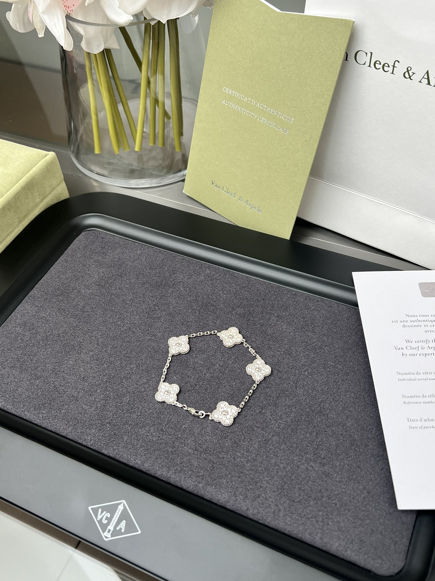 Van Cleef Arpels Alhambra bracelet 18K white gold with diamond pave 18cm