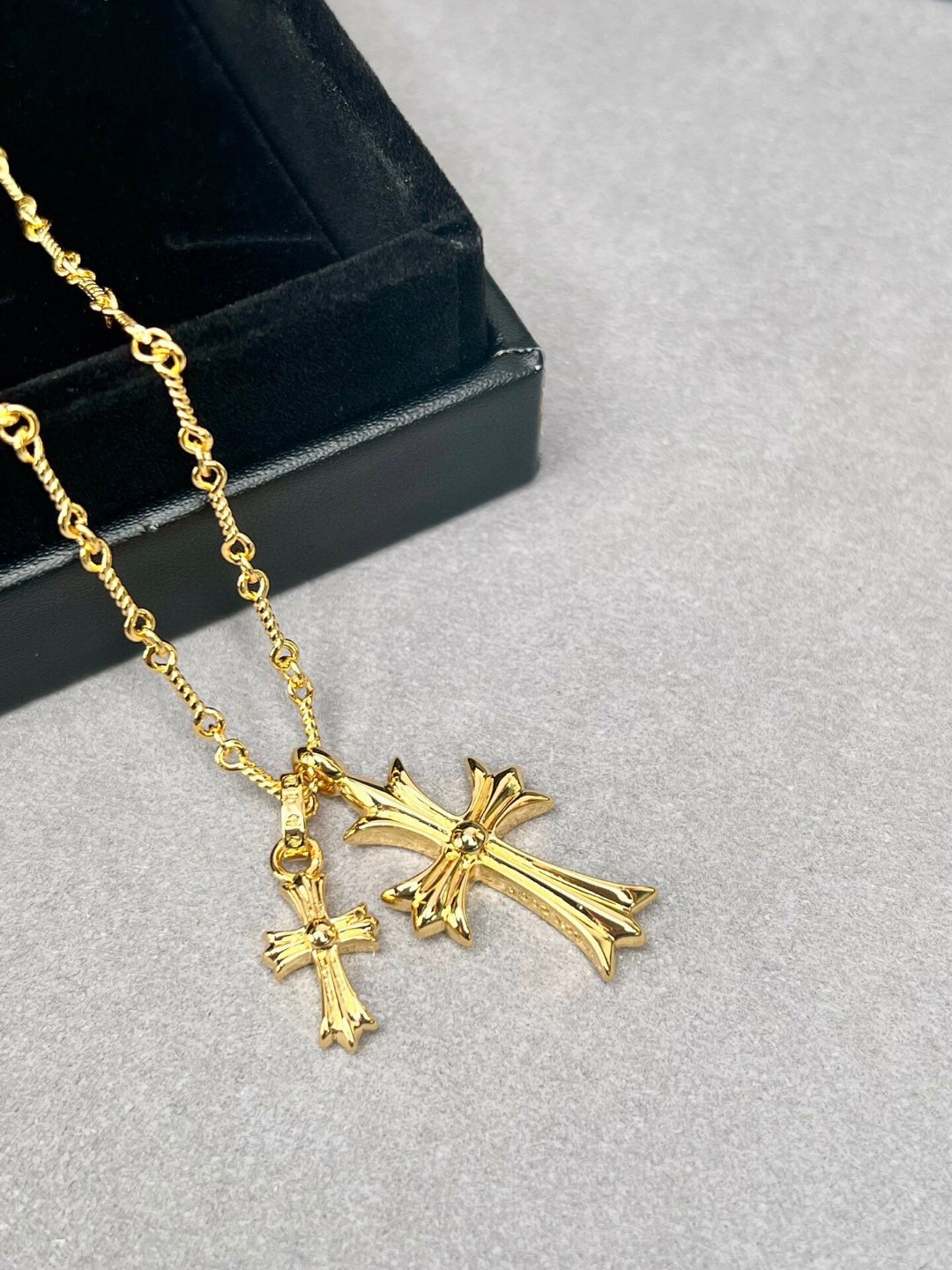 Pchrome hearts 22k镀金红钻双十字架项链，22k镀金红钻双十字架项链
