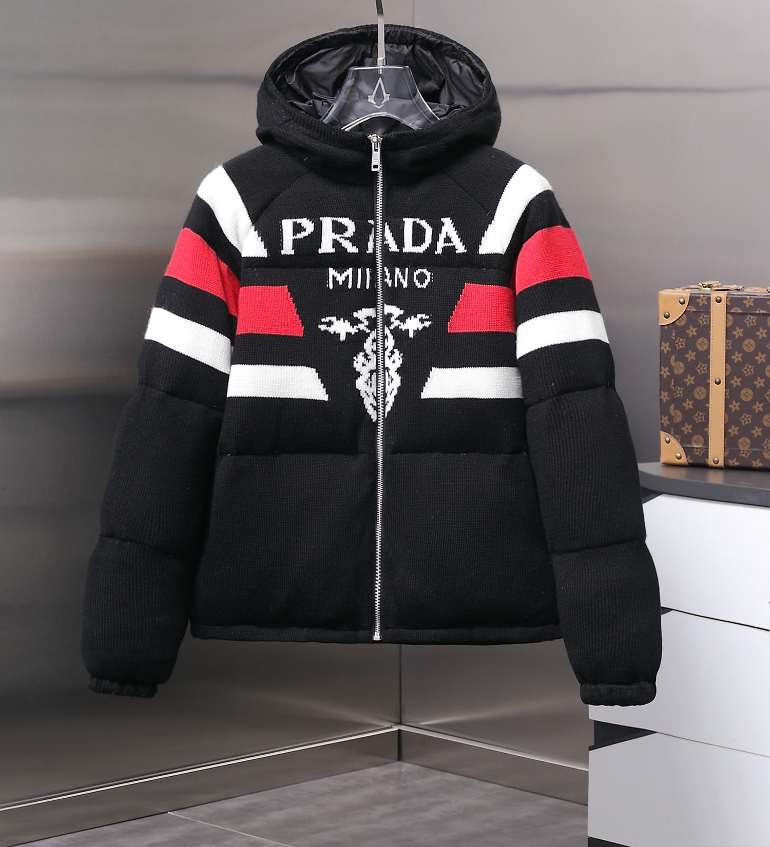 High-quality Prada knit coat with cashmere and down. Colors: Black, White. Sizes: S, M, L, XL.-Big cat