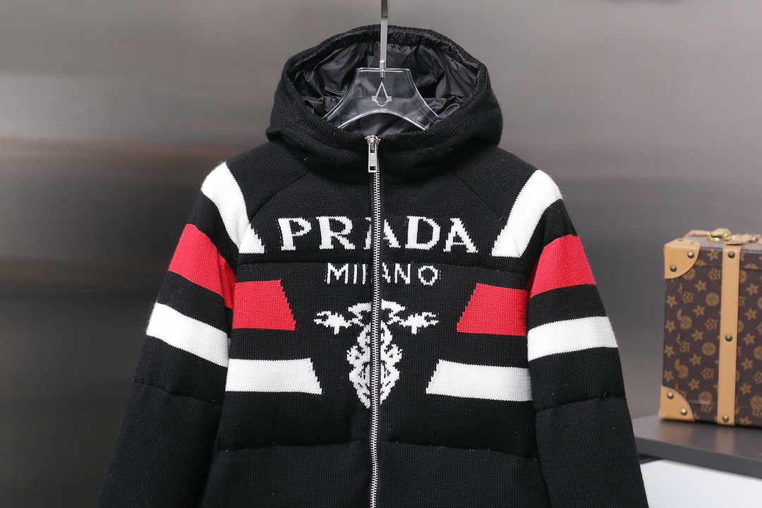 High-quality Prada knit coat with cashmere and down. Colors: Black, White. Sizes: S, M, L, XL.-Big cat