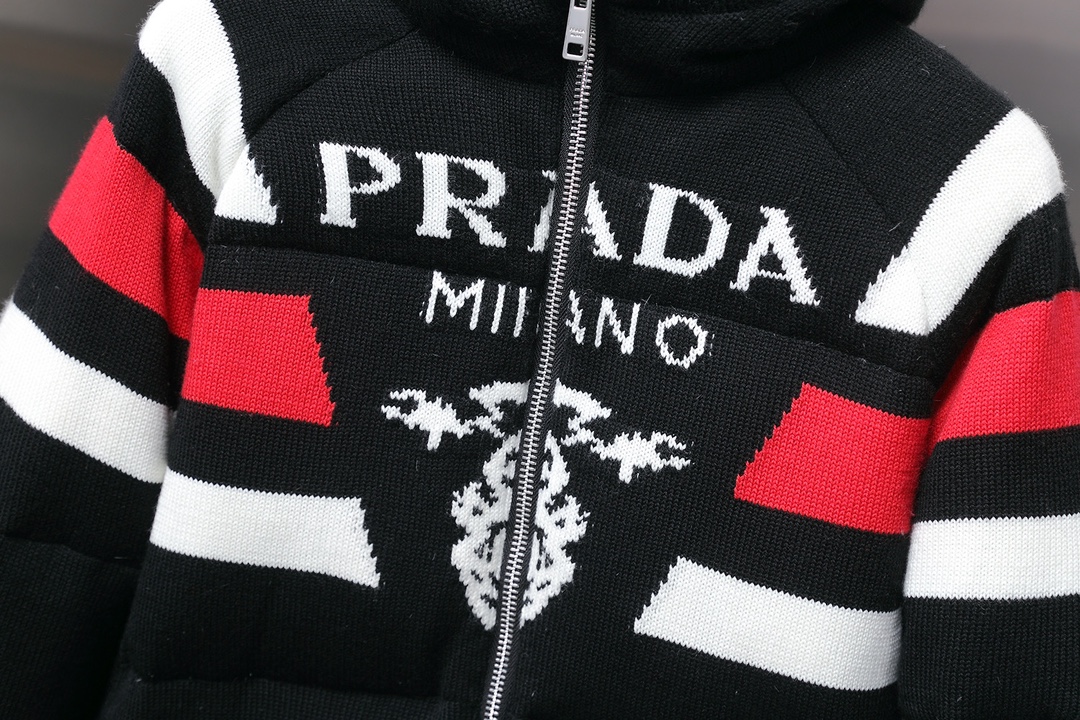 High-quality Prada knit coat with cashmere and down. Colors: Black, White. Sizes: S, M, L, XL.-Big cat