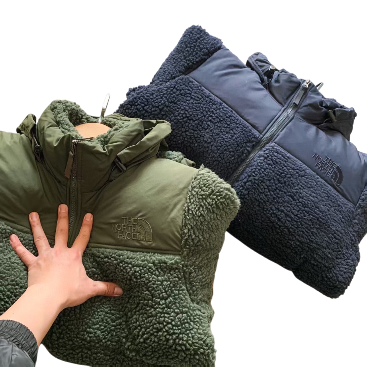 The North Face 羊羔毛拼接 2way ダウンジャケット 70%高品質ダックダウン 隠れフード 保温性抜群 オリーブ×ネイビー