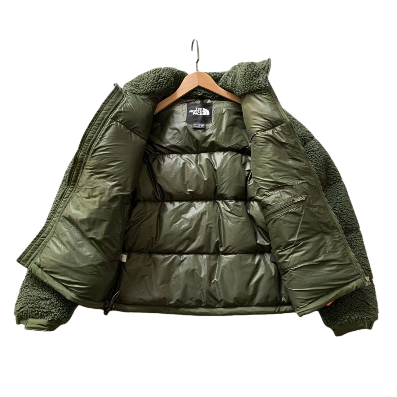 The North Face 羊羔毛拼接 2way ダウンジャケット 70%高品質ダックダウン 隠れフード 保温性抜群 オリーブ×ネイビー