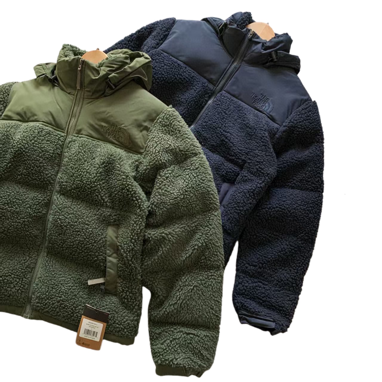 The North Face 羊羔毛拼接 2way ダウンジャケット 70%高品質ダックダウン 隠れフード 保温性抜群 オリーブ×ネイビー