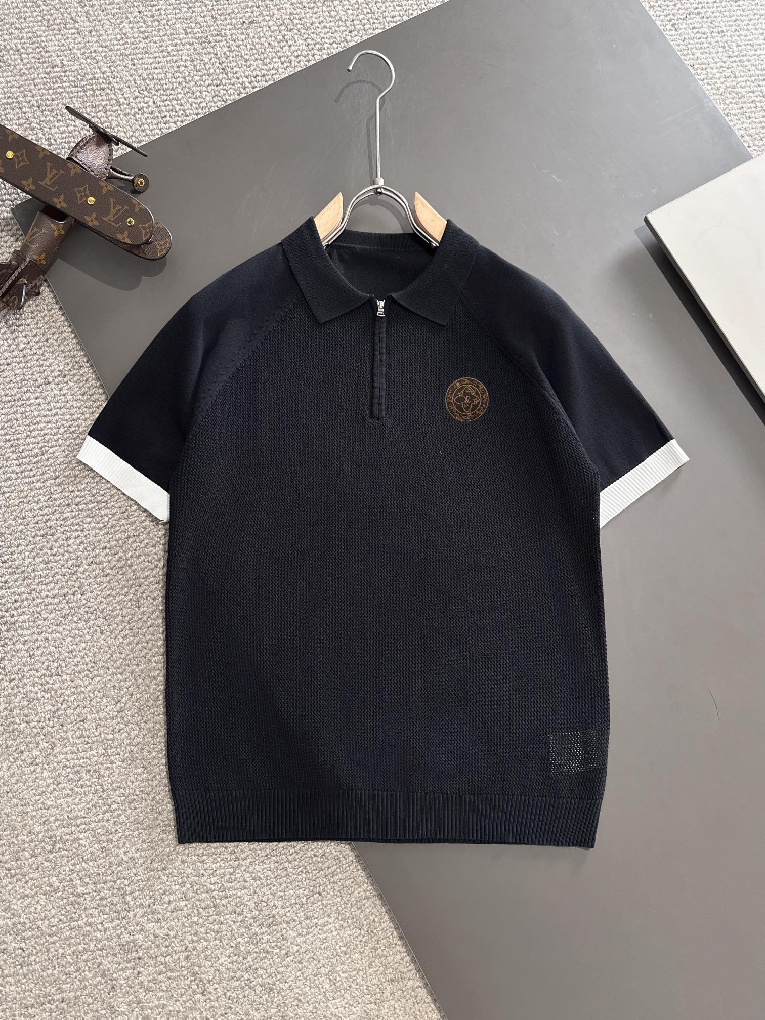 Louis Vuitton Kleidung T-Shirt Stickerei Männer Gekämmte Baumwolle Stricken Frühling/Sommer Kollektion Kurzarm