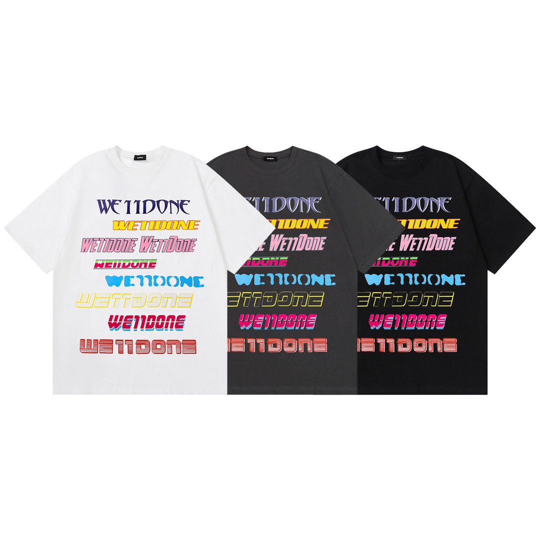 W016# We11done Camiseta de manga corta con graffiti de letras coloridas y estampado de danmaku, para hombre y…