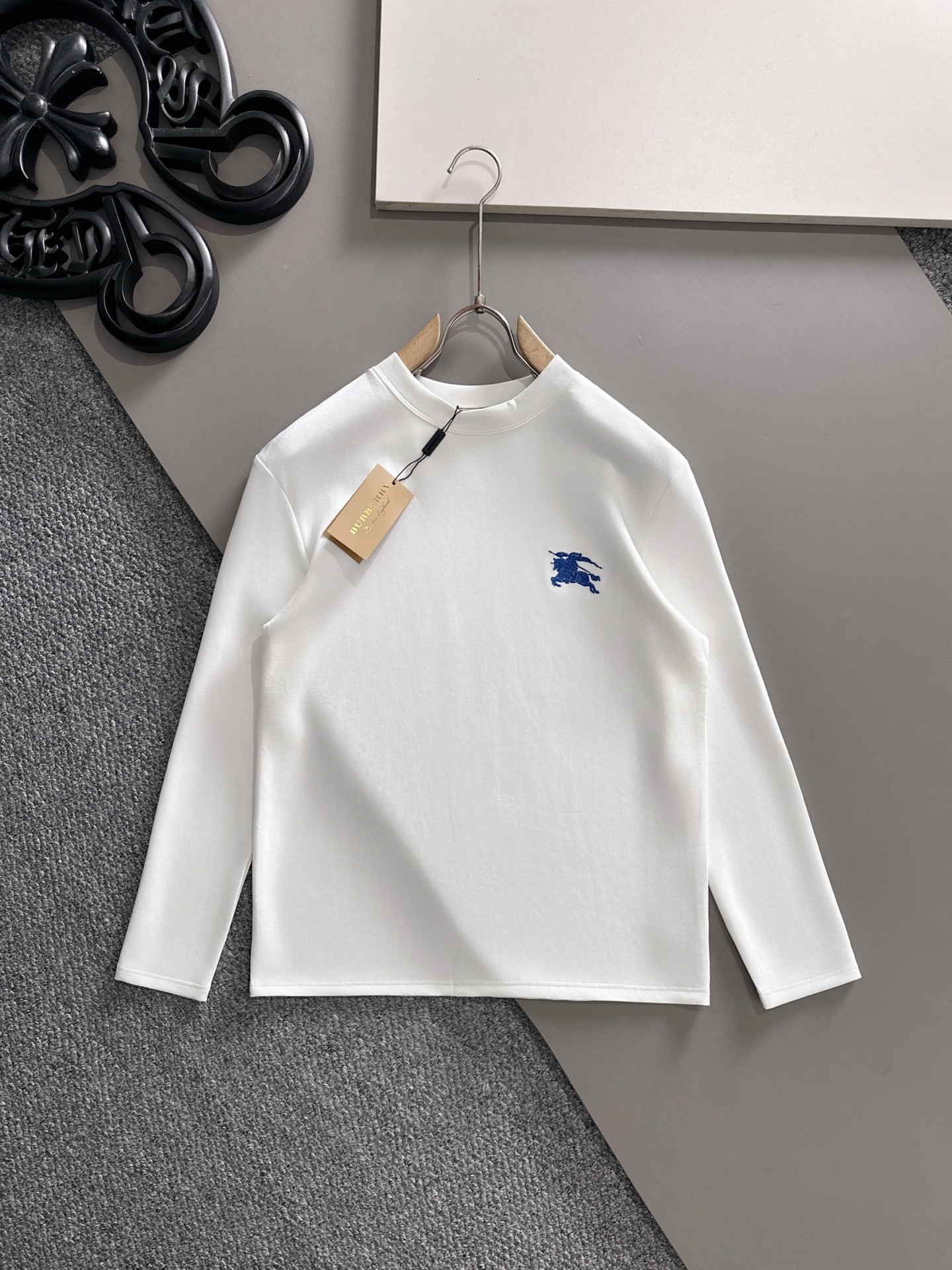 Burberry Men's White Long Sleeve T-Shirt with Blue Logo