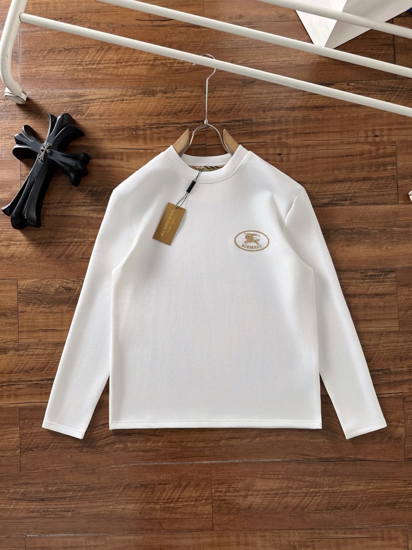 Burberry Men's White Long Sleeve T-Shirt with Logo, Casual and Stylish