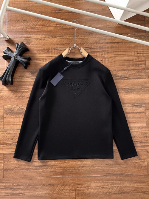 Prada Men's Black Long Sleeve T-Shirt with Embossed Logo, Casual Style 1 Prada Men's Black Long Sleeve T-Shirt with Embossed Logo, Casual Style
