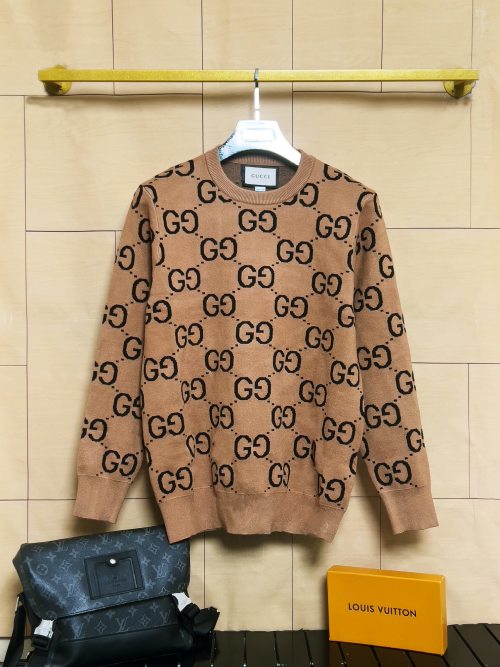 Gucci Knit Sweater with All-Over Logo, Soft Core-Spun Yarn, Unisex Style 1 Gucci Knit Sweater with All-Over Logo, Soft Core-Spun Yarn, Unisex Style