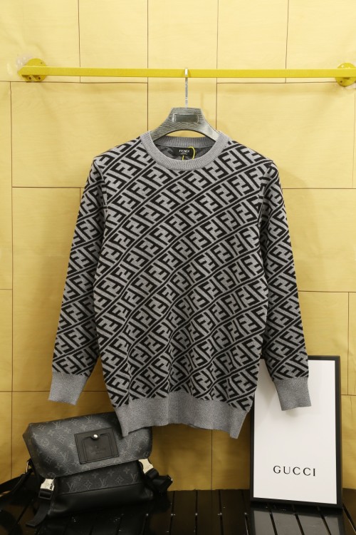 Fendi FF Logo Crewneck Sweater, Gray Knitwear for Men, Premium Knit Fabric 1 Fendi FF Logo Crewneck Sweater, Gray Knitwear for Men, Premium Knit Fabric