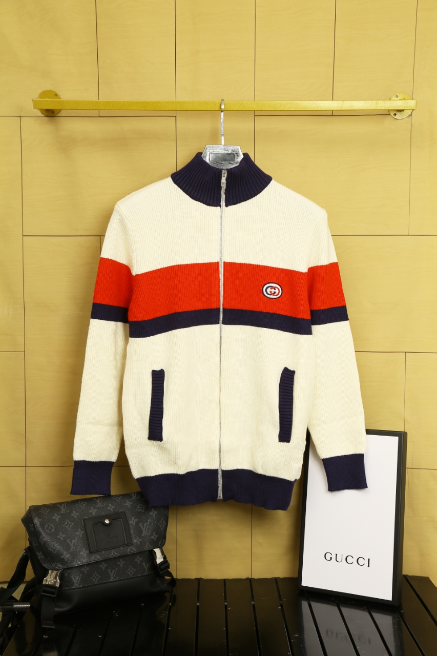 Gucci Men's Wool Knit Zip Cardigan Sweater with Striped Pattern