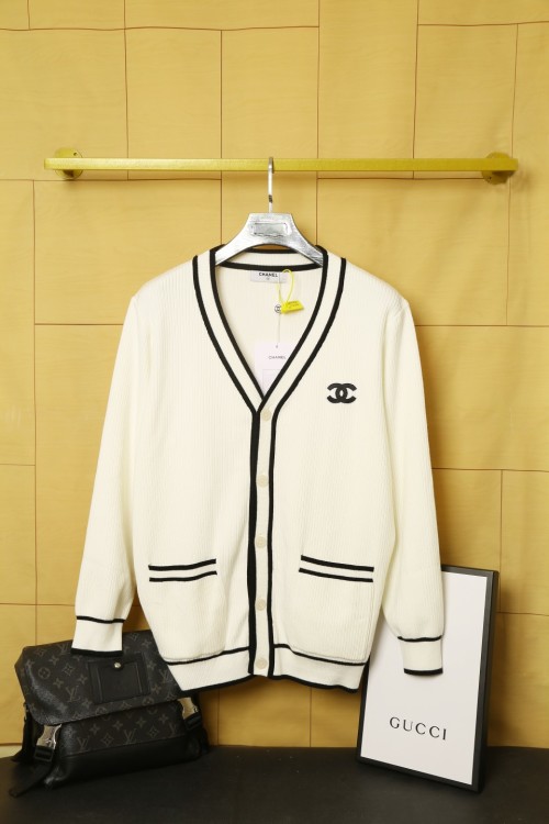 Chanel Women's Color Block Single-Breasted Wool Blend Cardigan, White 1 Chanel Women's Color Block Single-Breasted Wool Blend Cardigan, White