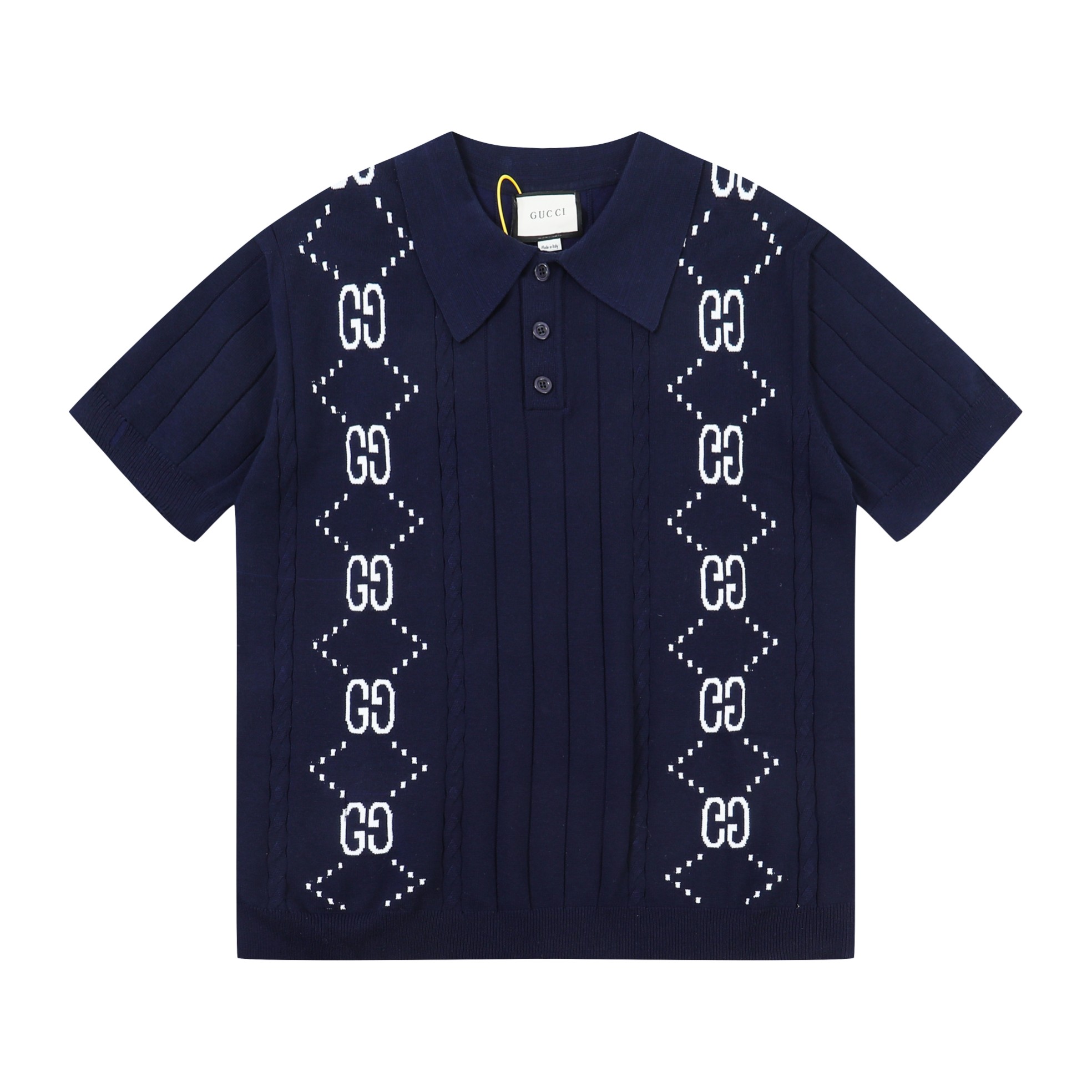 Gucci Double G Jacquard Knit Polo Shirt - Short Sleeve, Navy Blue