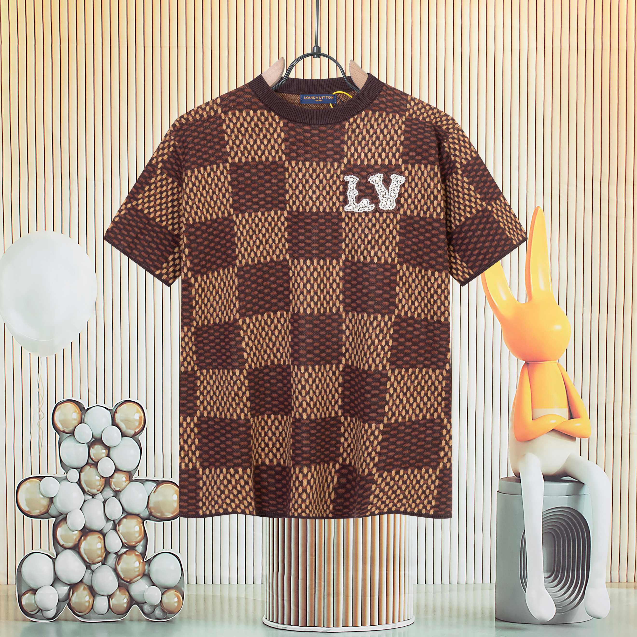Louis Vuitton Knitted Short Sleeve with Checkerboard and Rhinestone Design