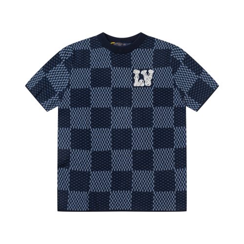 Louis Vuitton Blue Checkered Rhinestone Logo Knit Short Sleeve T-Shirt 1 Louis Vuitton Blue Checkered Rhinestone Logo Knit Short Sleeve T-Shirt