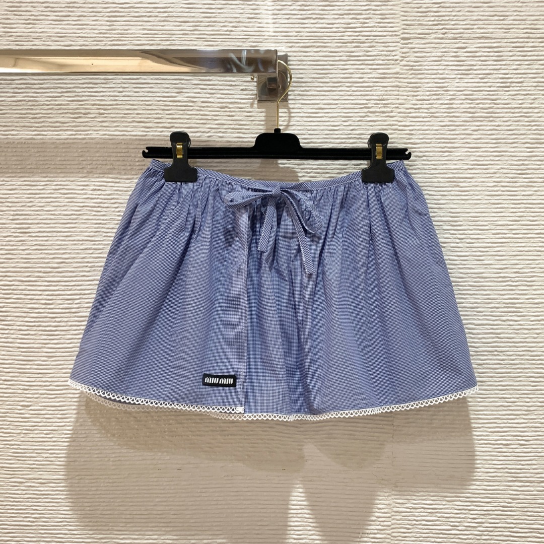 NO:777049,Miu's 26 spring and summer blue plaid short-sleeved skirt, skirt with flared version + lace edge, adjustable waist tie SML, Miu Miu-clothing, miumiu, skirts, T-shirt,19860909Miu家26春夏蓝色格纹短袖半裙 半身裙喇叭版型+蕾丝边,腰部系带可调节 SML,缪缪-服装,miumiu,skirts,T-shirt,,Women's clothing