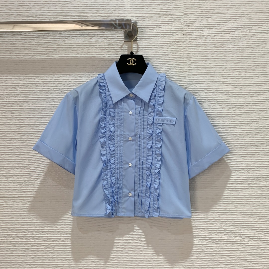 NO:785662,Miu's 27 new style blue fungus short shirt, tall and slim, pure cotton fabric, breathable and not sweaty SML, Miu Miu-clothing, miumiu, shirts,19860909Miu家27新款蓝色木耳边短款衬衫 显高显瘦纯棉面料,透气不闷汗 SML,缪缪-服装,miumiu,shirts,,Women's clothing