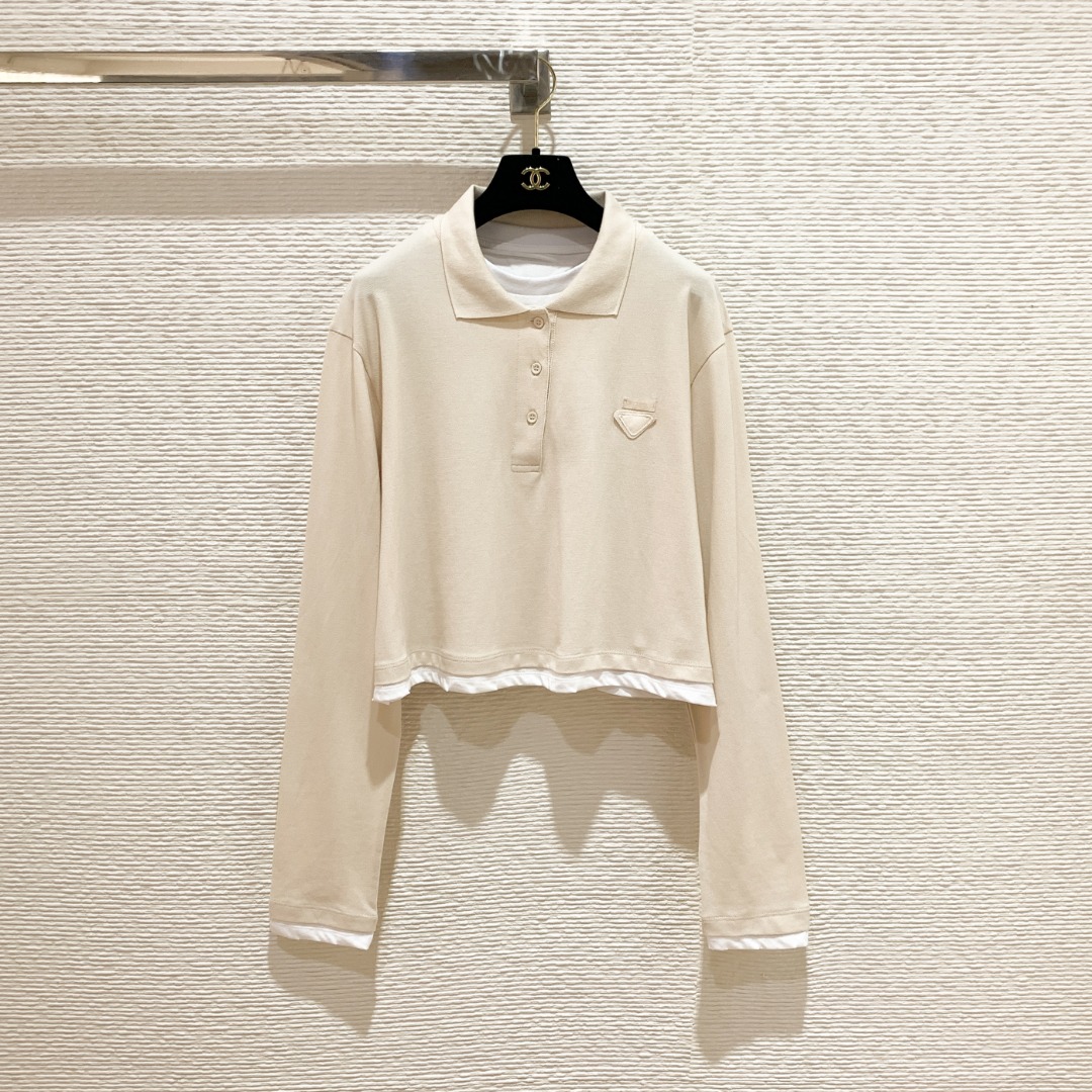 NO:821620,P's 26th Spring and Summer Series New Style Pique Long Sleeve Polo Soft Cotton Fabric Fake Two Pieces Classic Lapel Loose Fit SML, Prada-Clothing, prada,19860909P家26春夏系列新款 珠地布长袖Polo 柔软棉质面料 假两件经典翻领宽松版型 SML,普拉达-服装,prada,,Women's clothing
