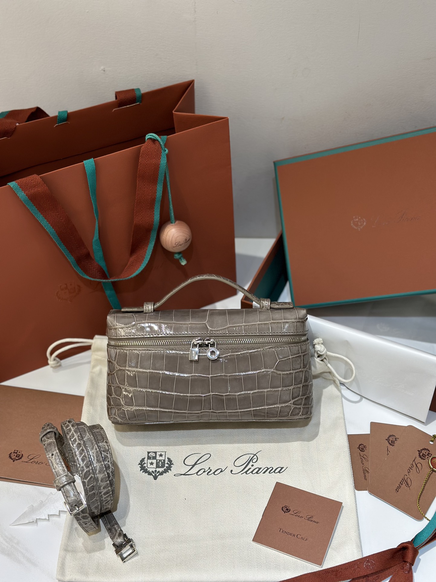 𝐋𝐨𝐫𝐨 𝐏𝐢𝐚𝐧𝐚 Crocodile Extra Bag 19 Box Bag Crocodile Leather Rare Leather - Top Quality