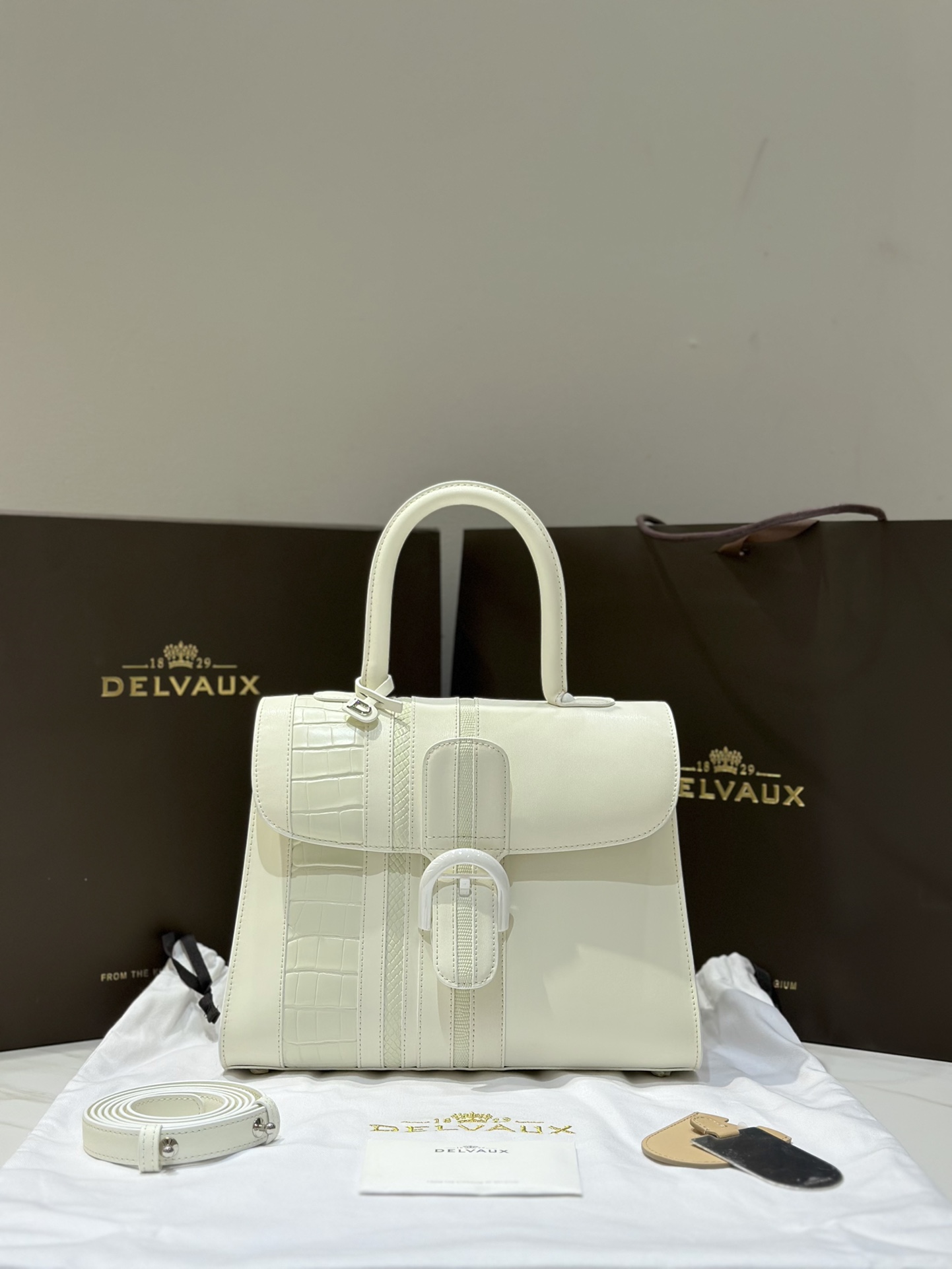 Delvaux BL Serie Witte Box Leren Handtas met Exotische Accenten - 28cm