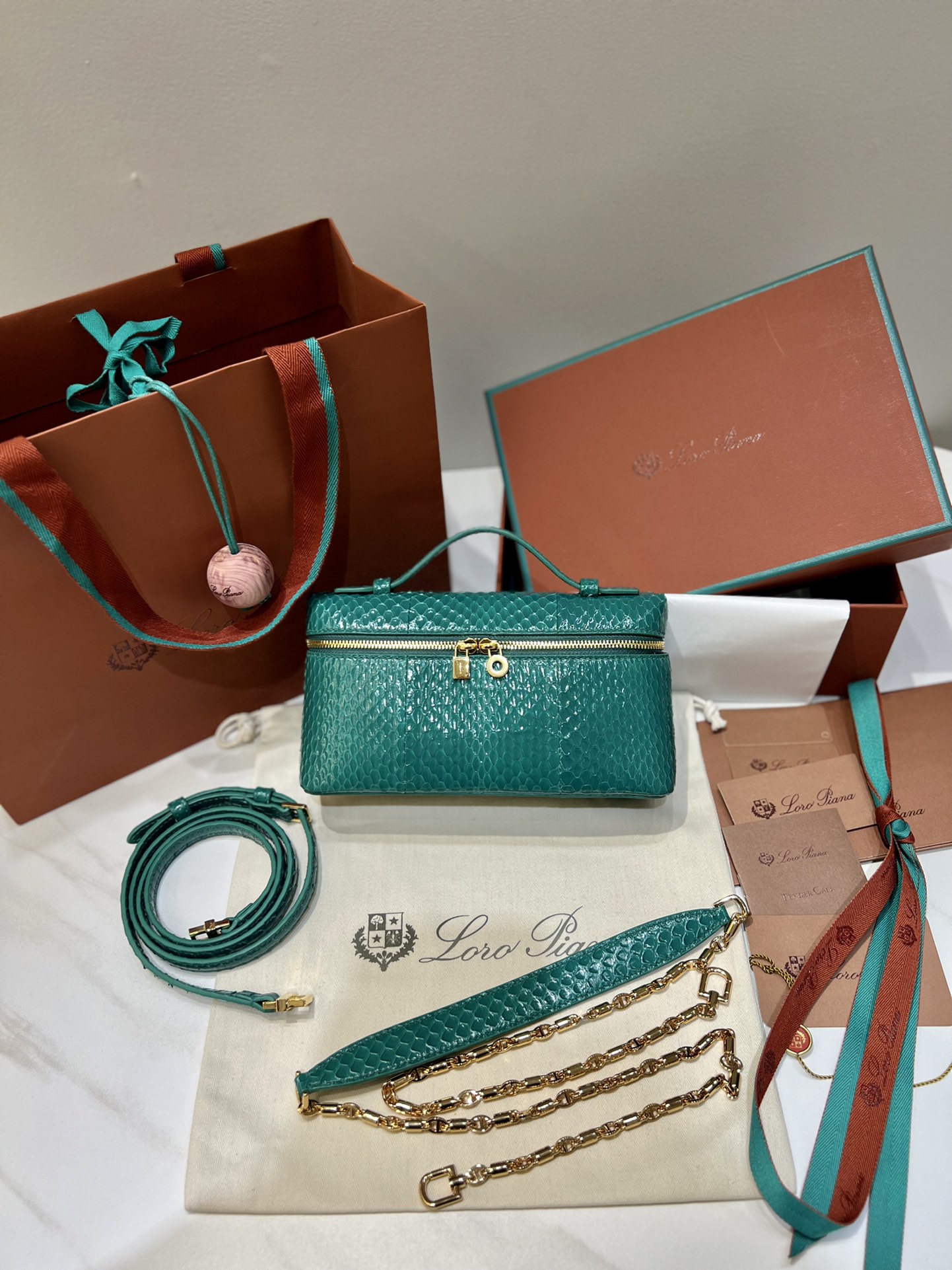 Loro Piana Extra Pocket L19 Water Snake Green Gold Buckle Handbag/Crossbody Bag