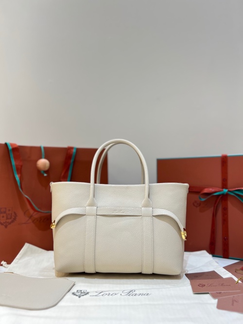 Loro Piana Ghiera Shopper Small Tote Bag in Light Grey Grained Leather