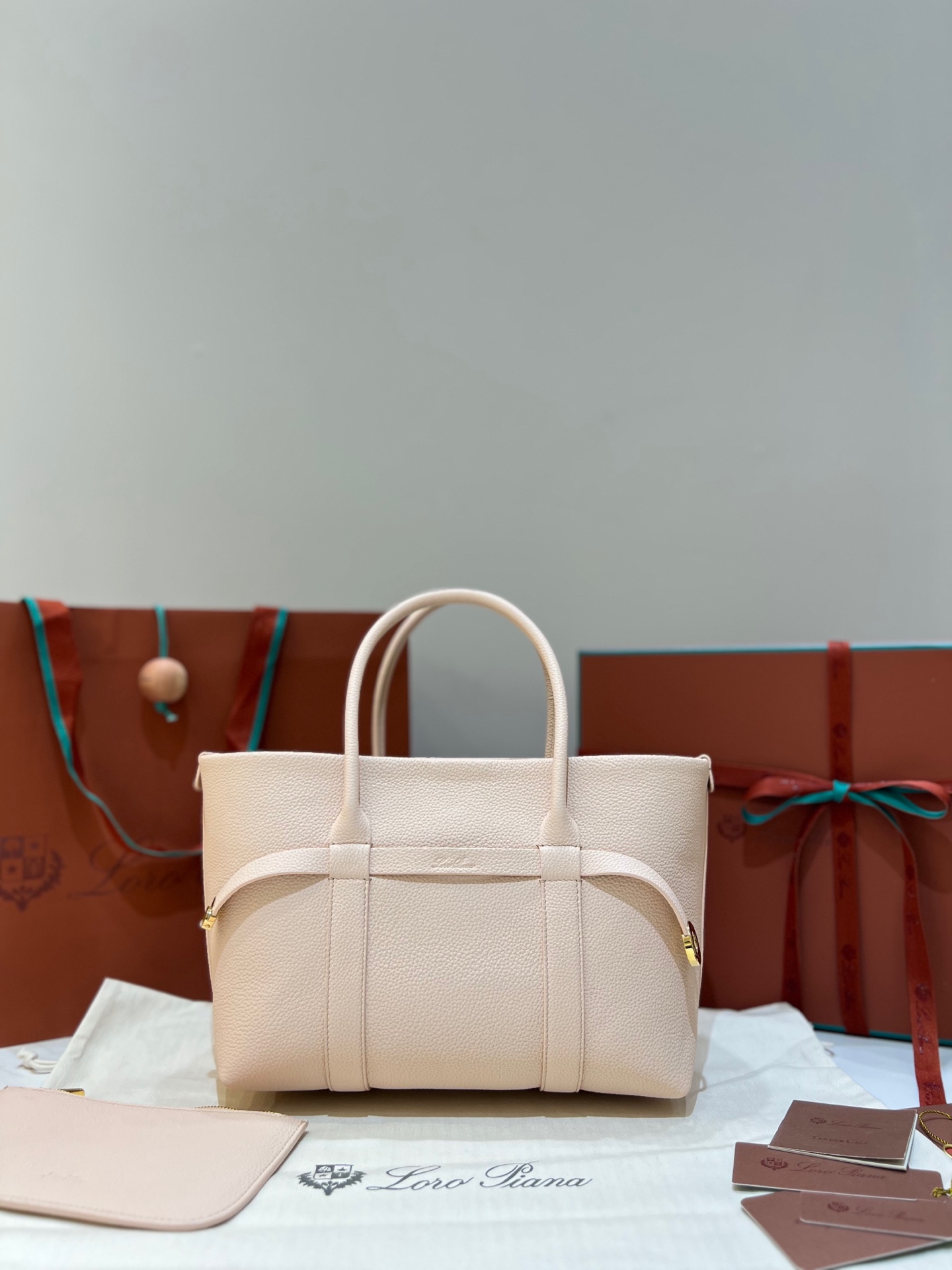 Loro Piana Ghiera Small Shopper Bag in Cream Honey Grained Leather