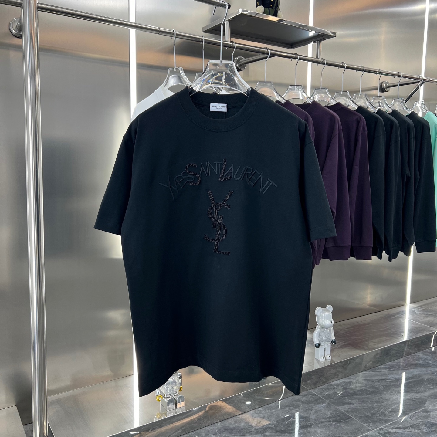 YSL ss新款时尚  订珠绣花圆领短袖t恤  完美细节 上身效果非常好 S M L XL XXL 五个码 黑色 白色 粉色