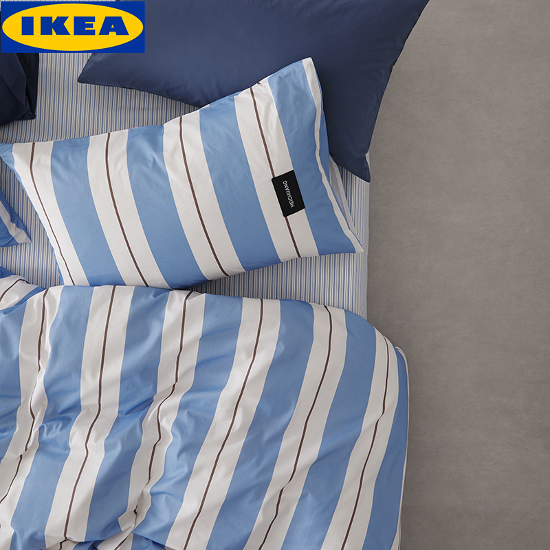 Ikea Striped Cotton Bedding Set, Blue and White, Includes Duvet Cover and Pillowcases