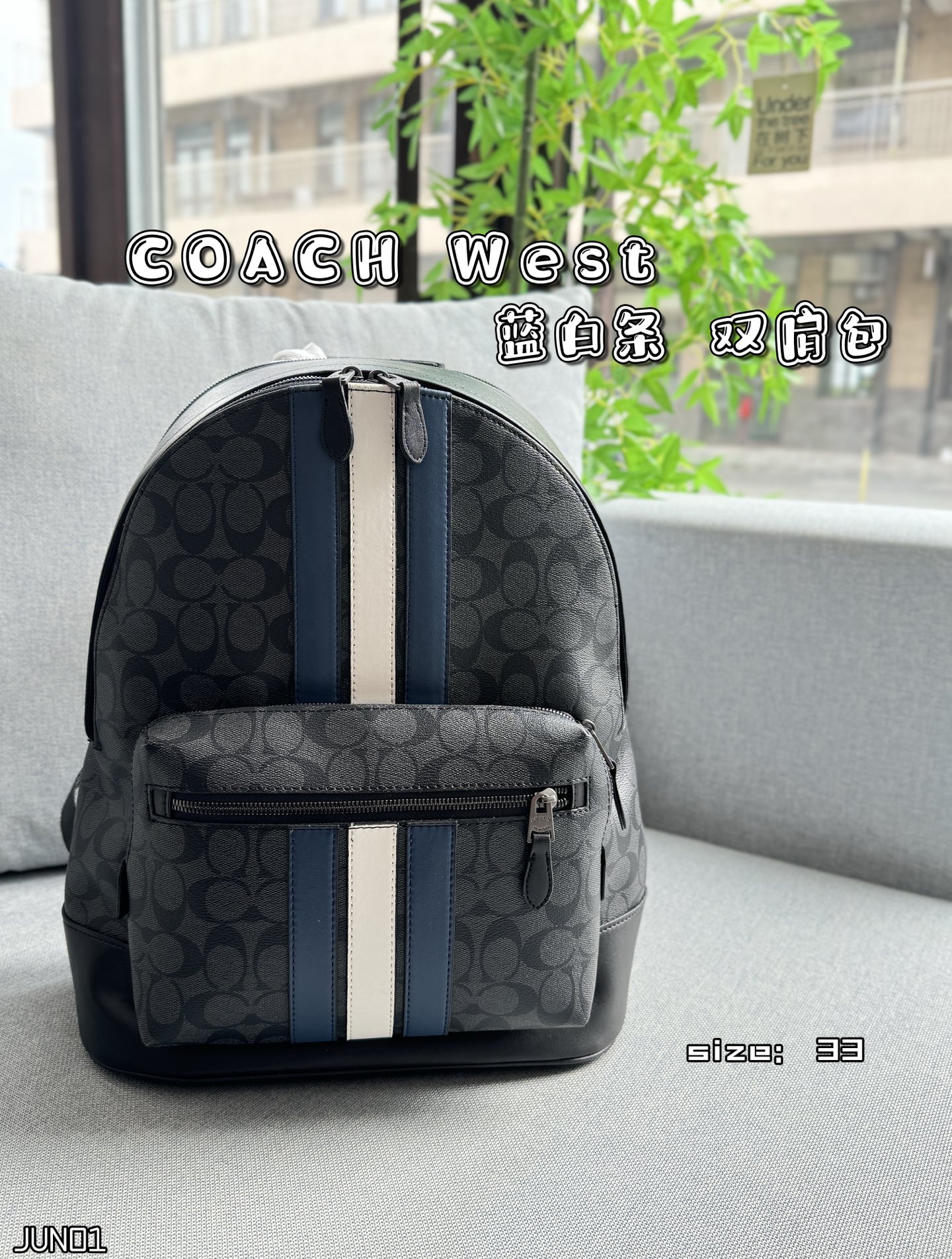 💰375

size ：33×40
COACH蔻驰 West 蓝白条 书包背包双肩包
选用COACH标志性皮革与耐用帆布材质，搭配精致金属配件，细节处彰显低调奢华。简约廓形搭配品牌经典印花，轻松驾驭商务、通勤、旅行多种场景。
**👜 实用收纳，轻松出行**