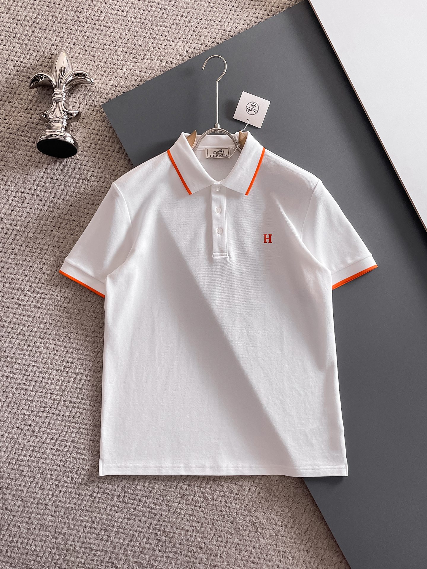 爱马仕新款网眼珠地棉布翻领短Tee，男士经典标识刺绣商务休闲短袖Polo衫，客供面料进口100%密织珠地