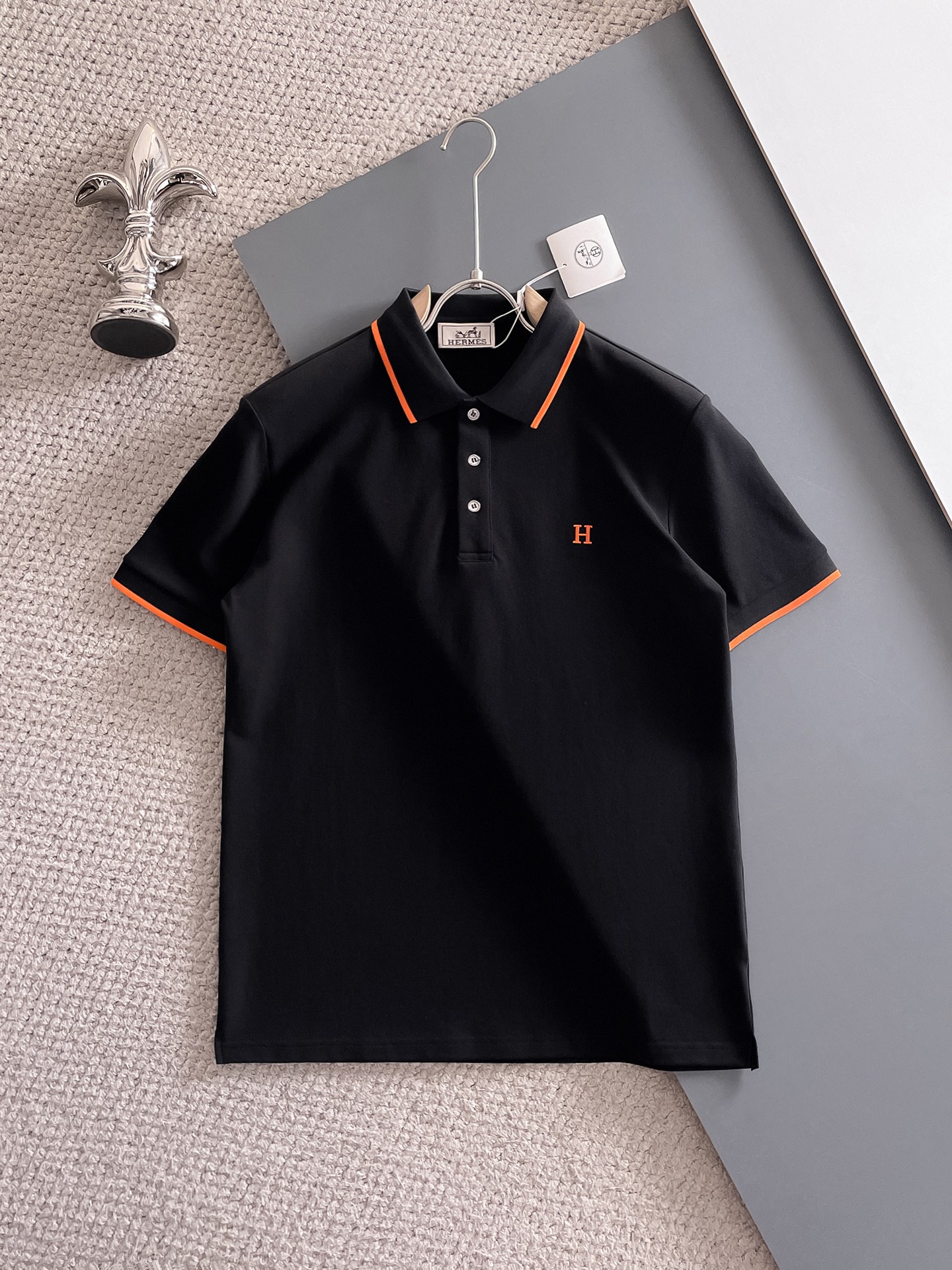 爱马仕新款网眼珠地棉布翻领短Tee，男士经典标识刺绣商务休闲短袖Polo衫，客供面料进口100%密织珠地