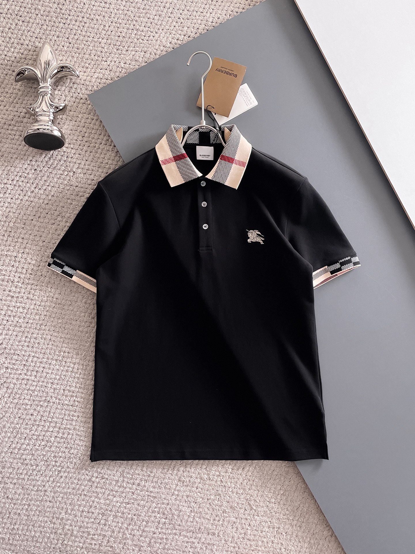 巴宝莉新款网眼珠地棉布翻领短Tee，男士经典标识刺绣商务休闲短袖Polo衫，客供面料进口100%密织珠地